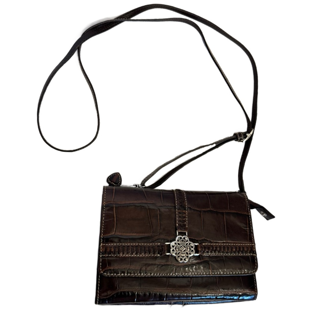 BRIGHTON Brown Leather Crocodile Small Crossbody Wallet Clutch Organizer Vintage